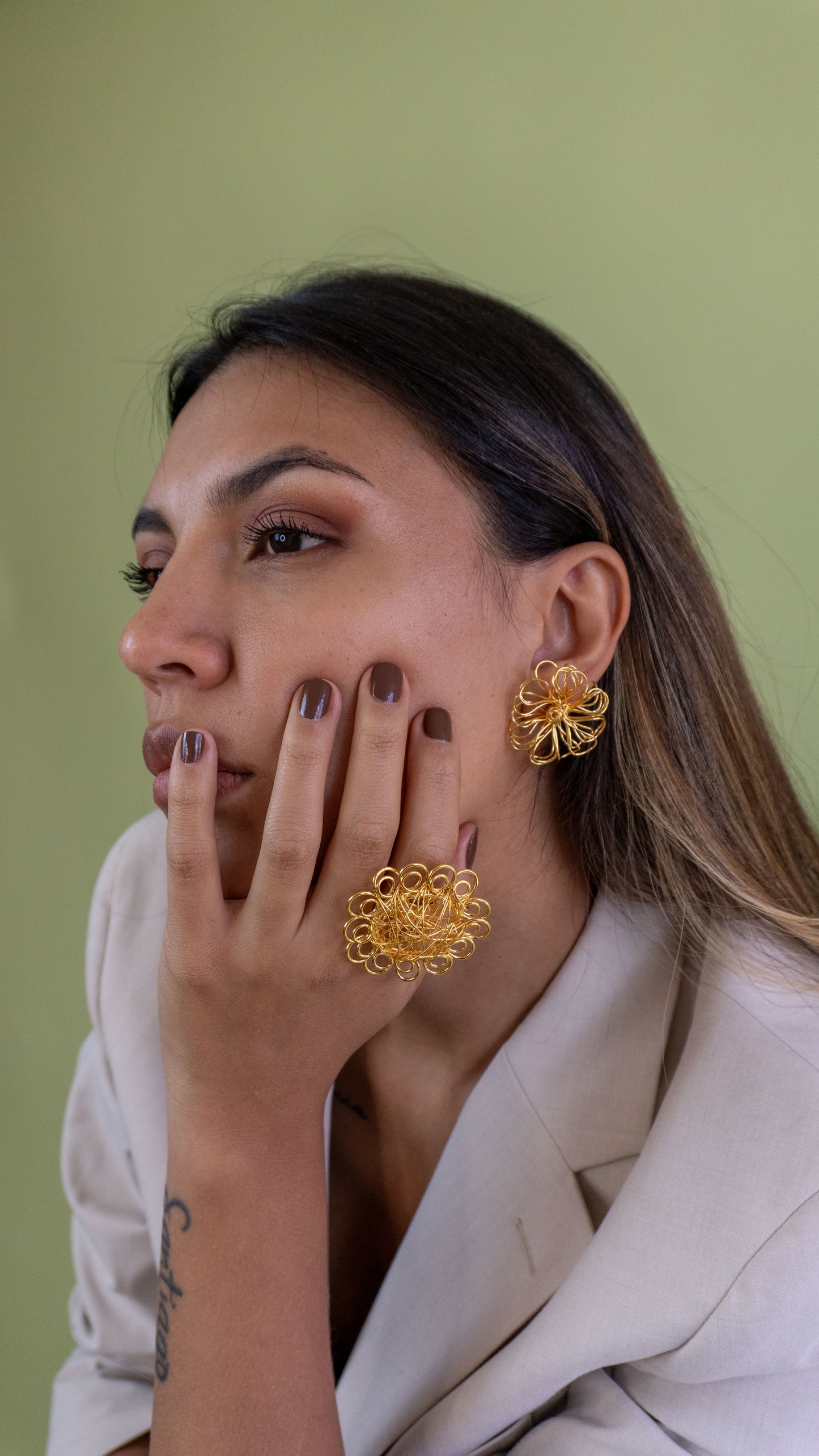 Sketched Sun Set - two pairs of earrings and a ring