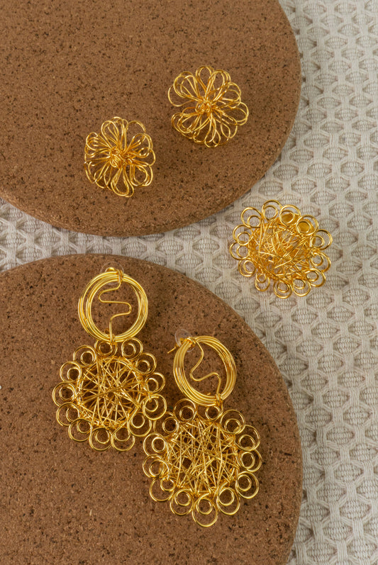 Sketched Sun Set - two pairs of earrings and a ring